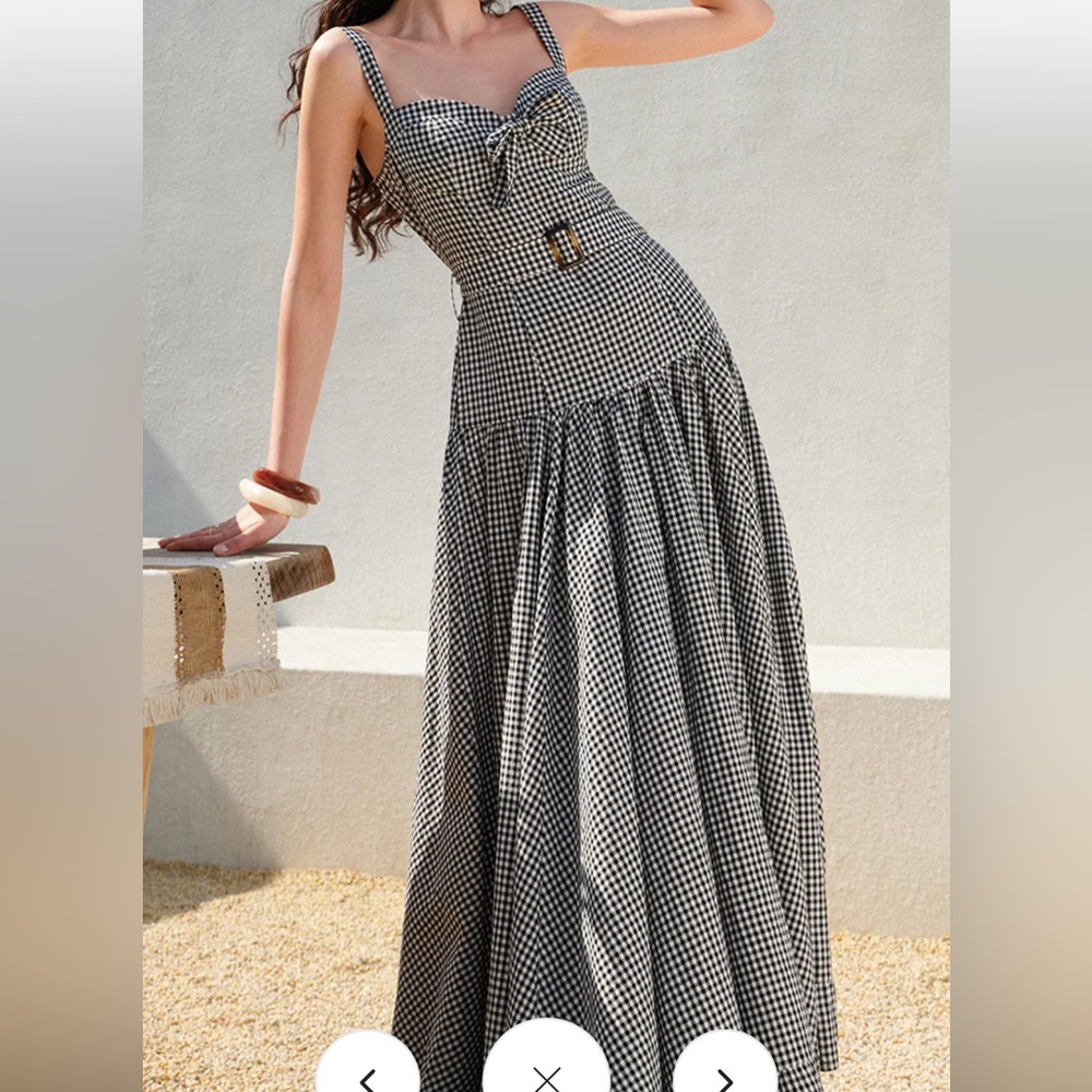 Commense Gingham Belted Fitted Sleeveless Dress